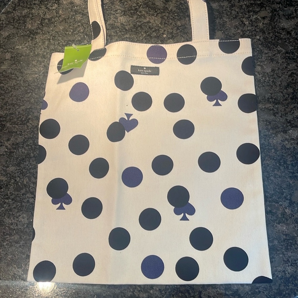 kate spade White Tote with Black and Navy Polka Dots
